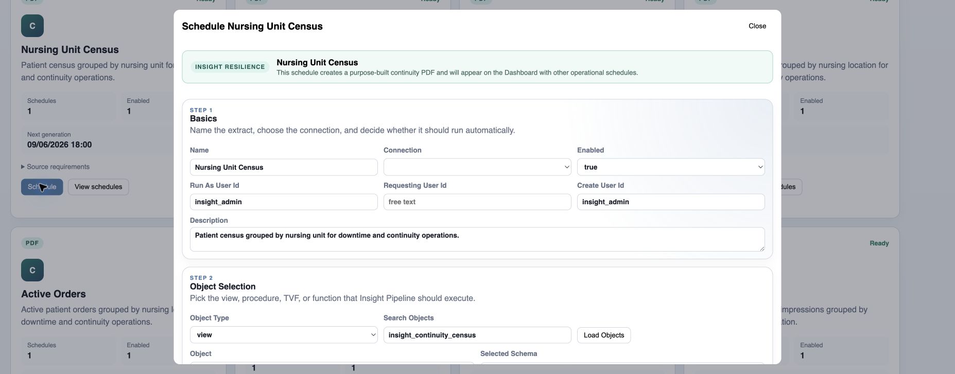Insight Resilience scheduling workflow