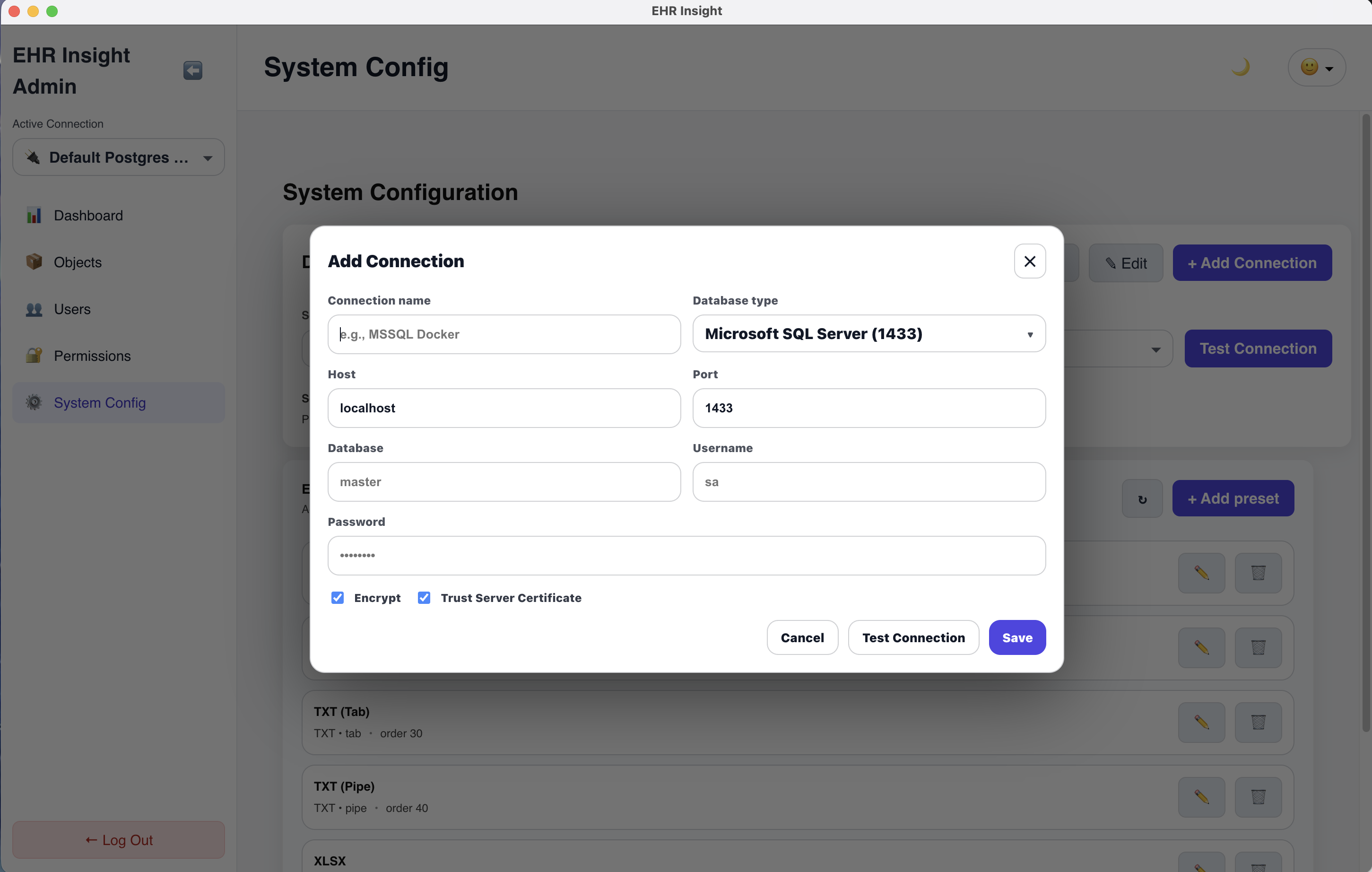 Database connections management screen