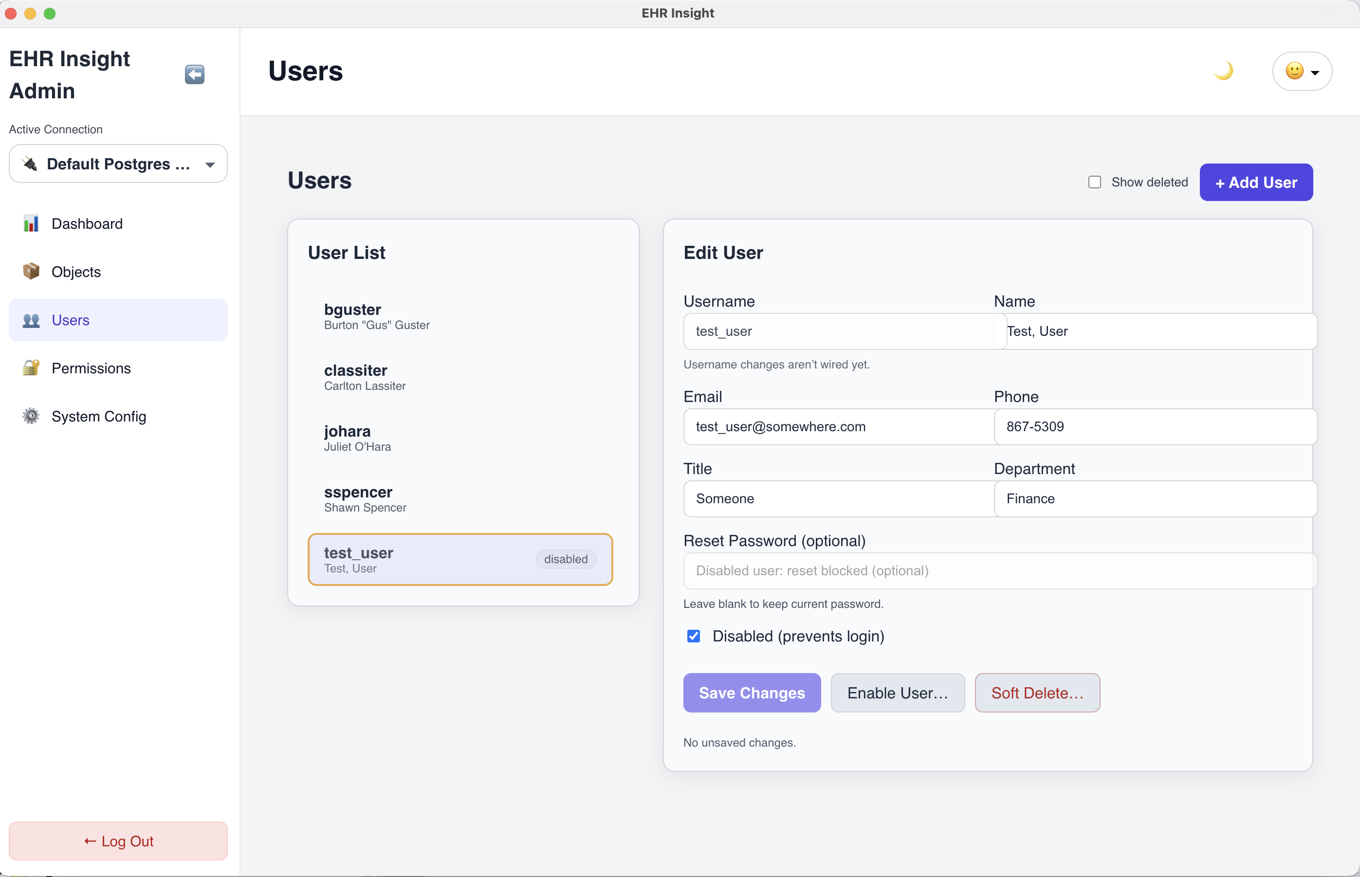 User administration screen in EHR Insight