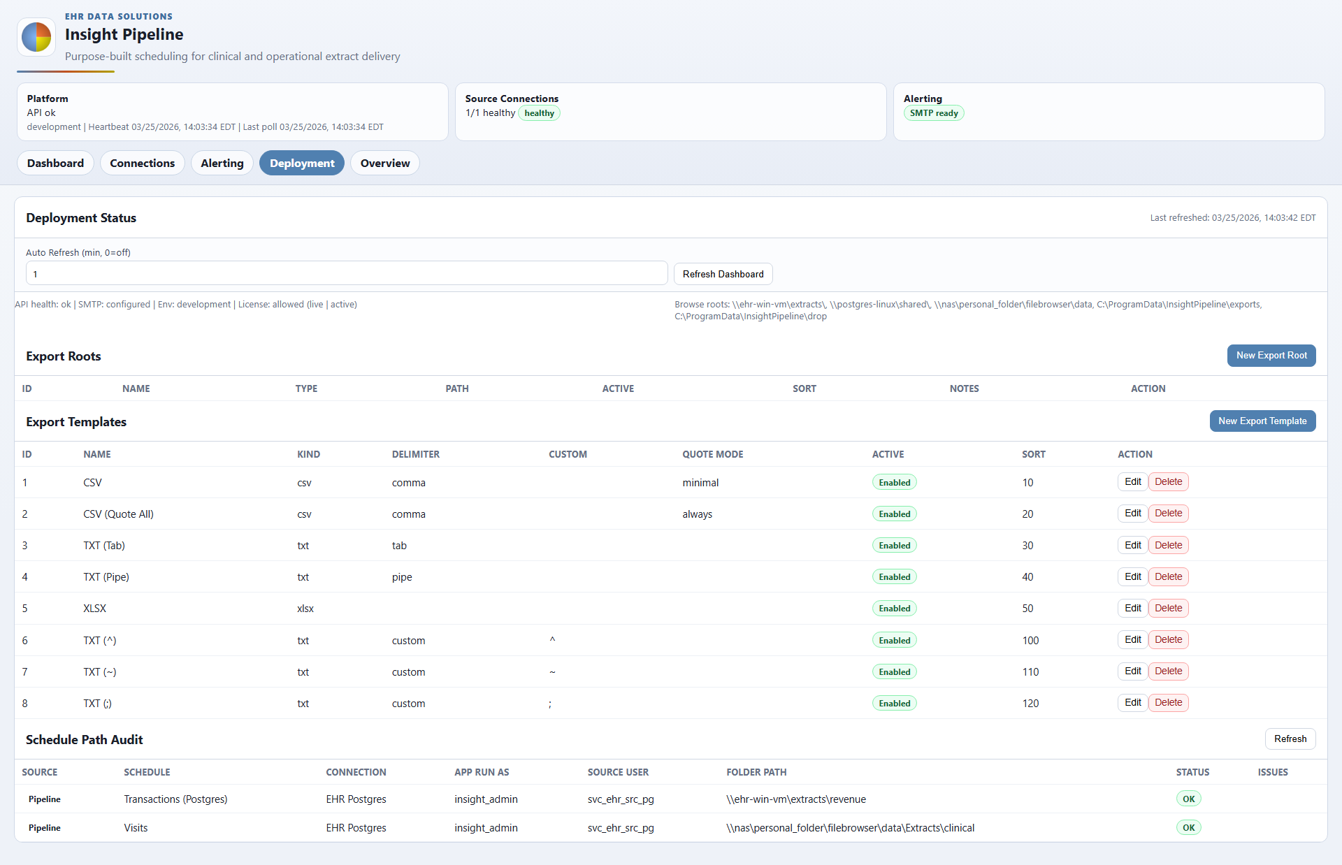 Insight Pipeline deployment status and export template screen