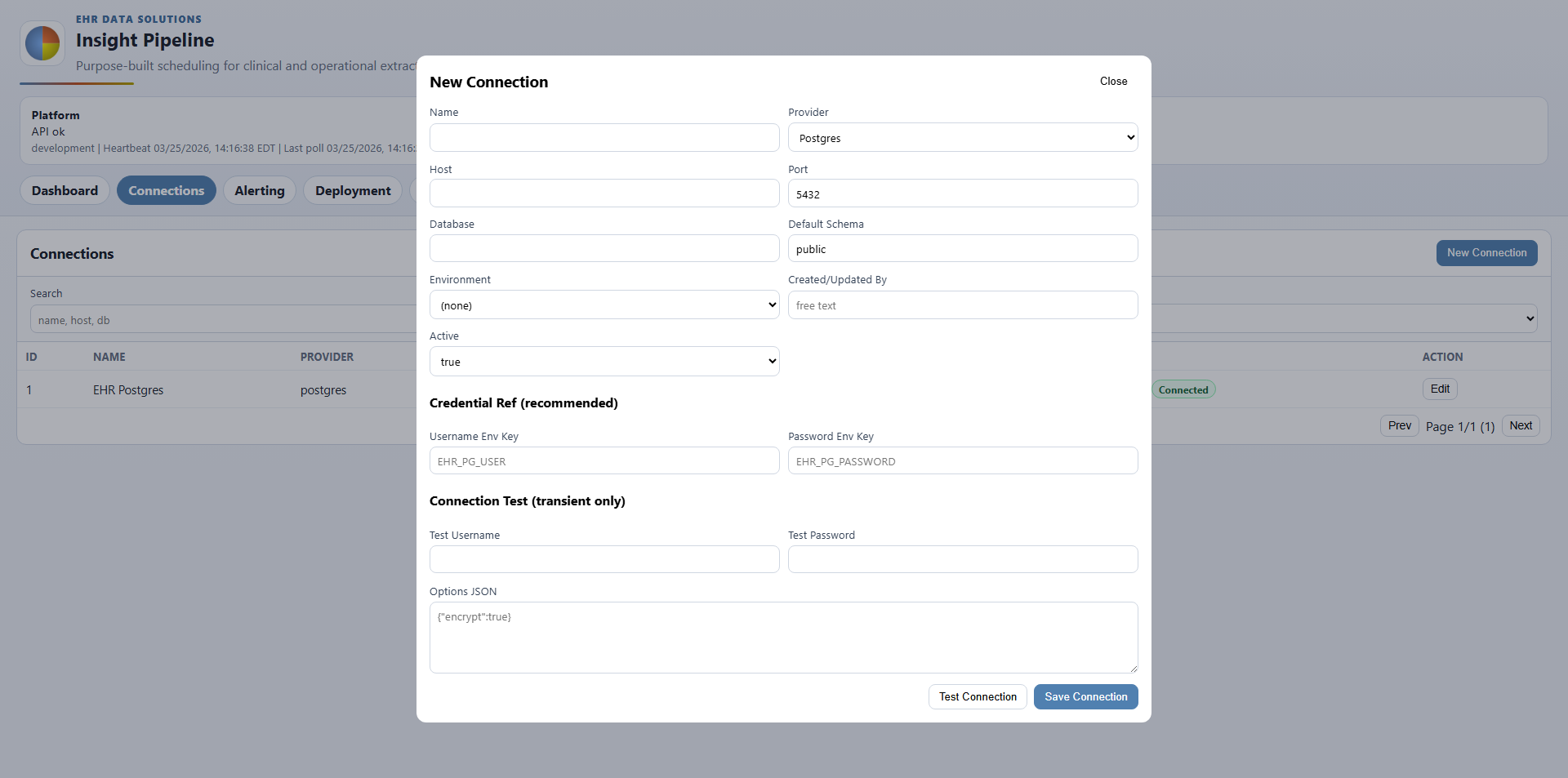 Insight Pipeline new connection modal